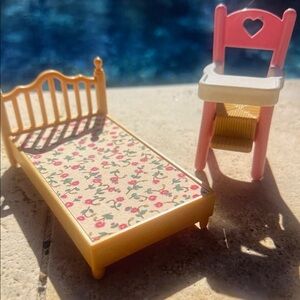 Calico Critters Floral Doll Bed and High Chair Furniture